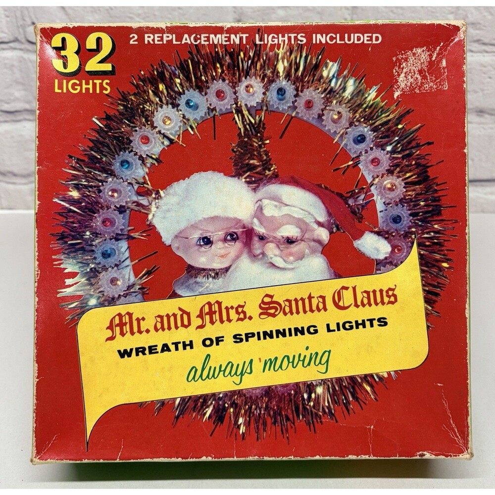 Vtg Mr Mrs Santa Christmas Wreath Of Spinning Lights Works Tree Topper 70s